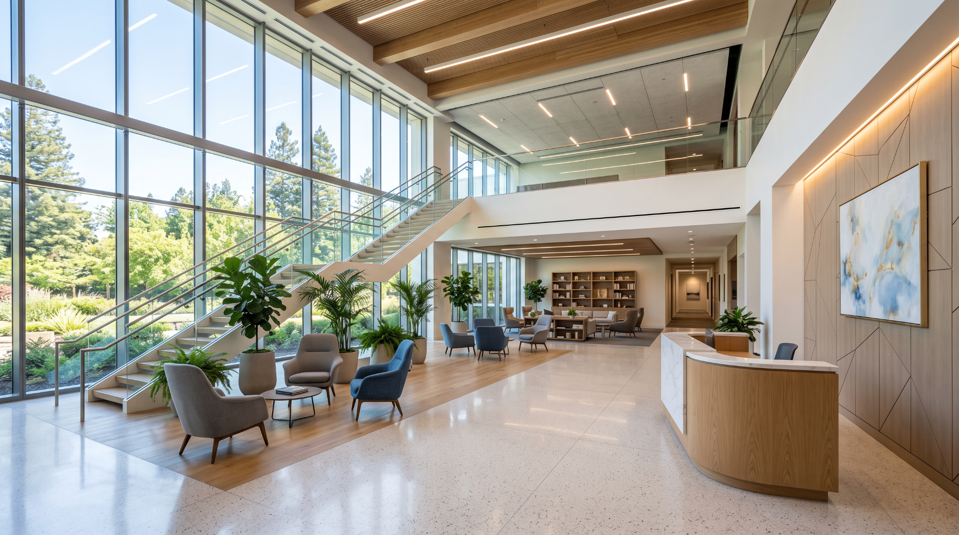Bright, modern office lobby with natural light and seating area.