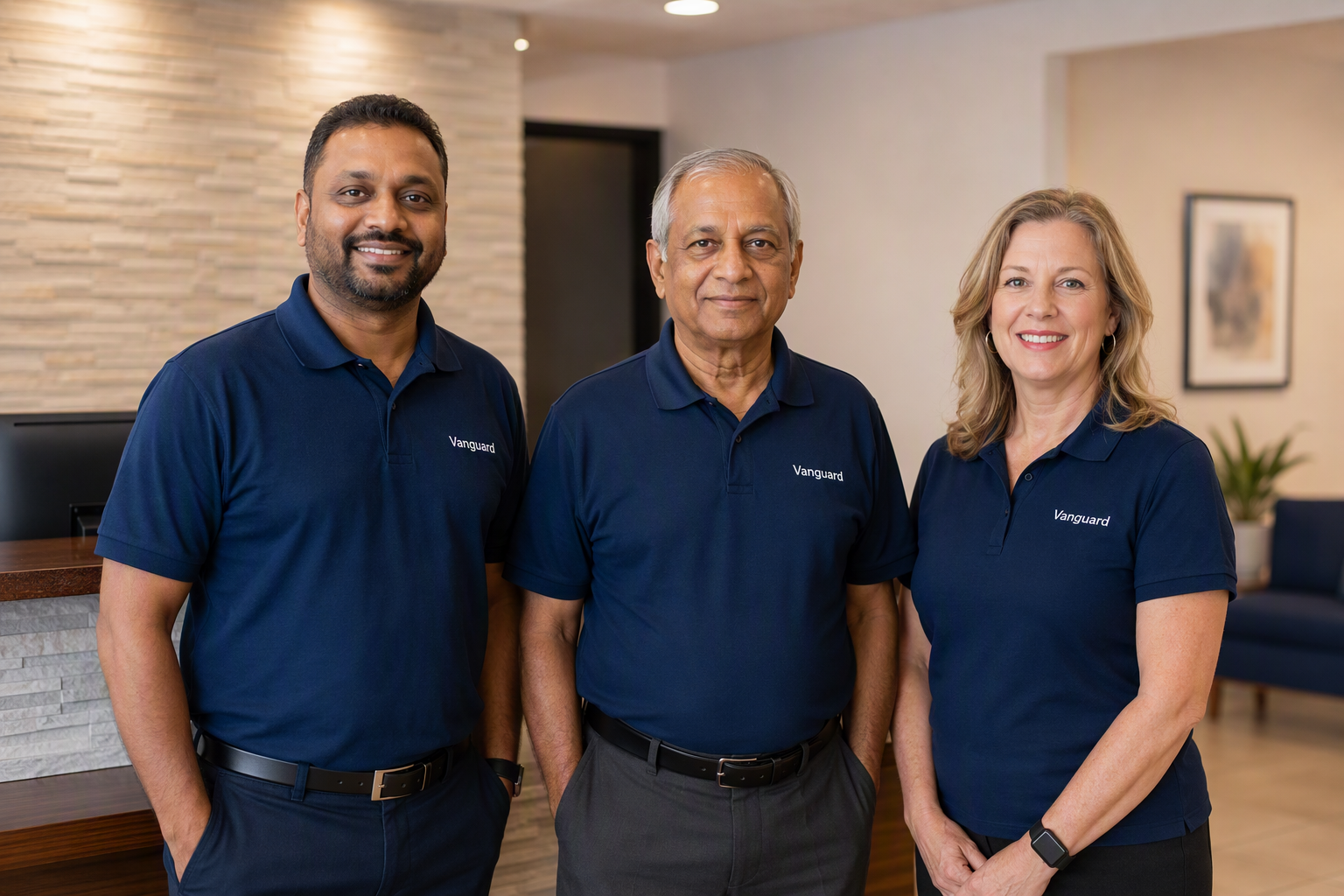 Vanguard Cleaning Systems GTA West franchise leadership team standing together in an office reception area.